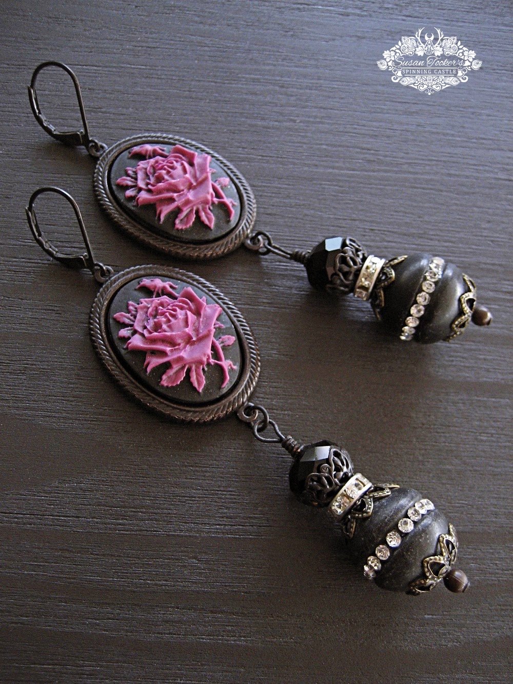 Image of GOTHIC ROMANCE - Pink Rose Cameo Black Onyx Crystal Drop Earrings Victorian Rhinestone Vintage Style