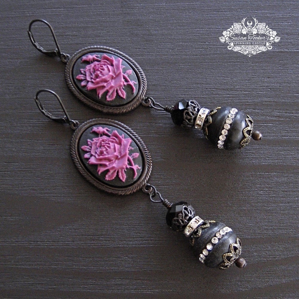 Image of GOTHIC ROMANCE - Pink Rose Cameo Black Onyx Crystal Drop Earrings Victorian Rhinestone Vintage Style