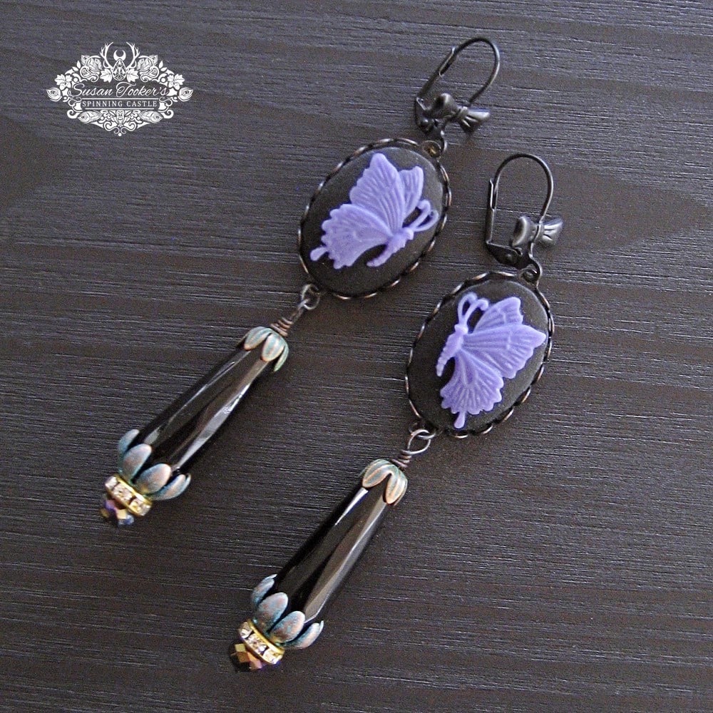 Image of BUTTERFLY NIGHT - Purple Cameo Black Onyx Crystal Drop Earrings Victorian Rhinestone Vintage Style