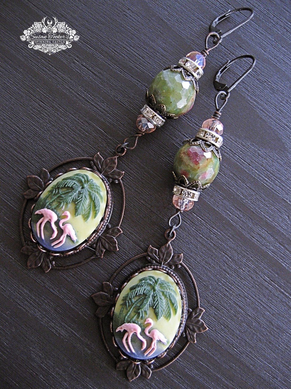 Image of TROPICAL HOLIDAY - Pink Flamingo Palm Tree Ruby Zoisite Crystal Drop Earrings Victorian Vintage Boho