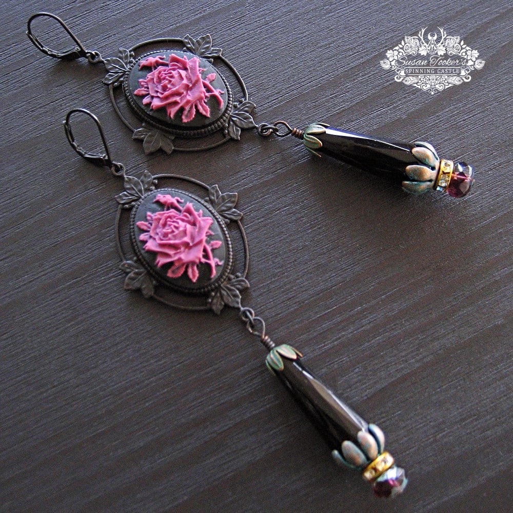 Image of VICTORIAN VALENTINE -Pink Rose Cameo Black Onyx Crystal Drop Earrings Ornate Vintage Boho Style