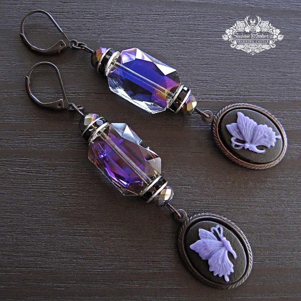 Image of MARIPOSA SPARKLE Purple Butterfly Cameo Crystal Drop Earrings Victorian Gothic Vintage Style