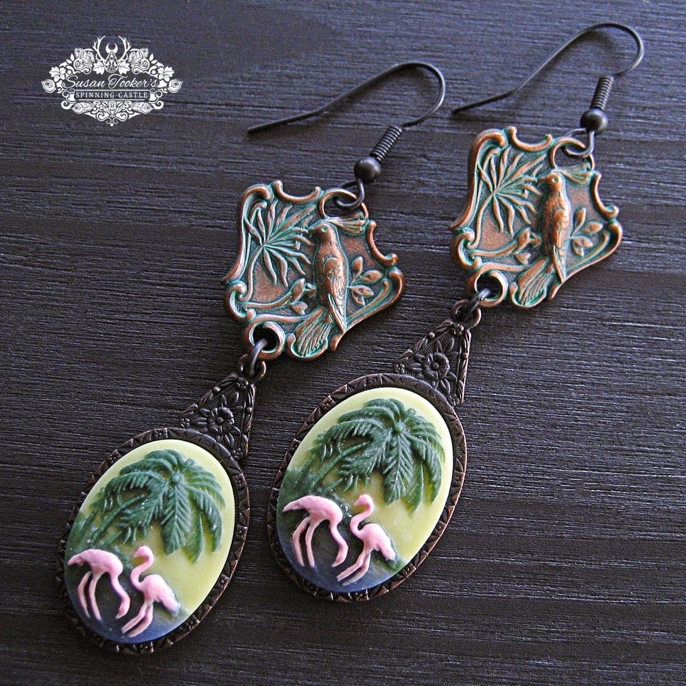 Image of BIRD OF PARADISE Pink Flamingo Palm Art Nouveau Deco Drop Earrings Edwardian Victorian Vintage Style