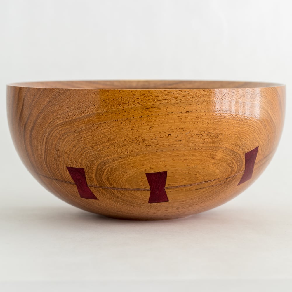 Image of Mesquite Bowl with Purpleheart Bowtie Key and Copper Inlay