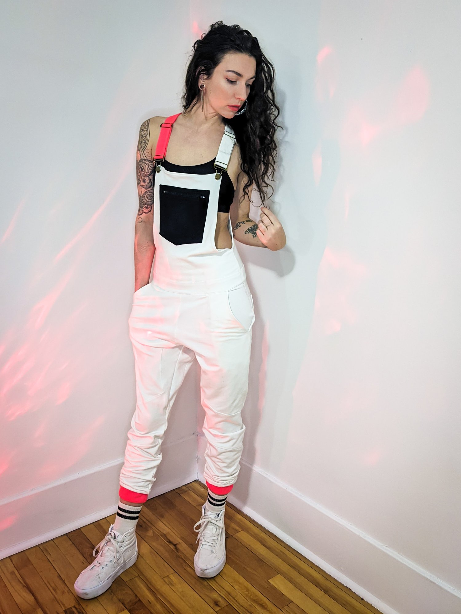 Image of One of a Kind Small Black White and Neon Red Overalls