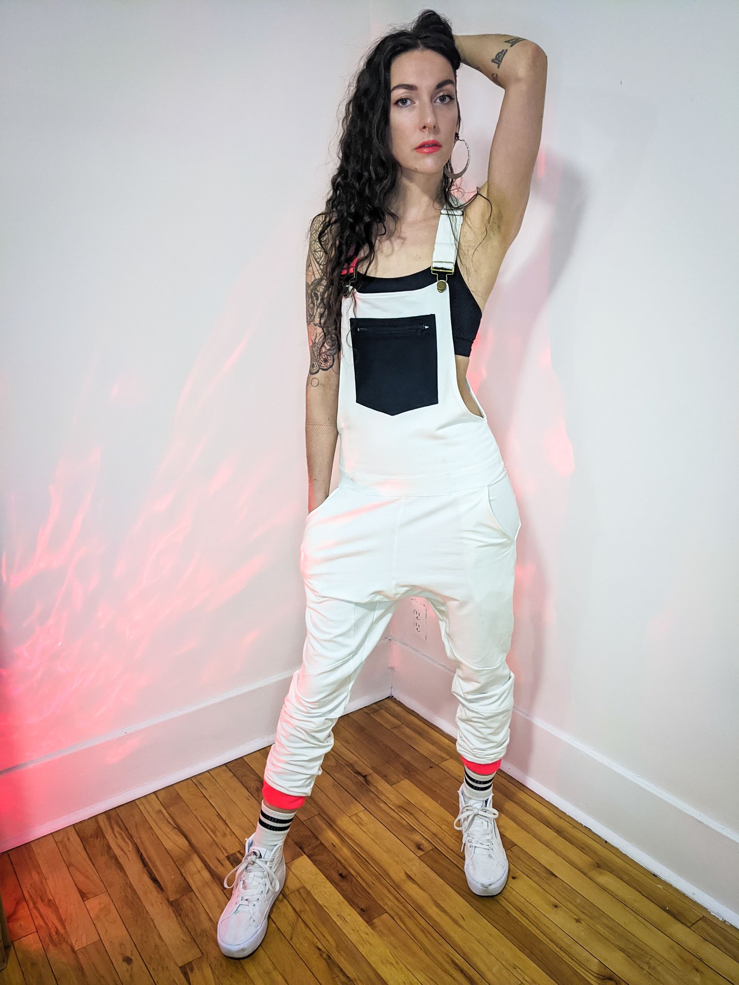 Image of One of a Kind Small Black White and Neon Red Overalls