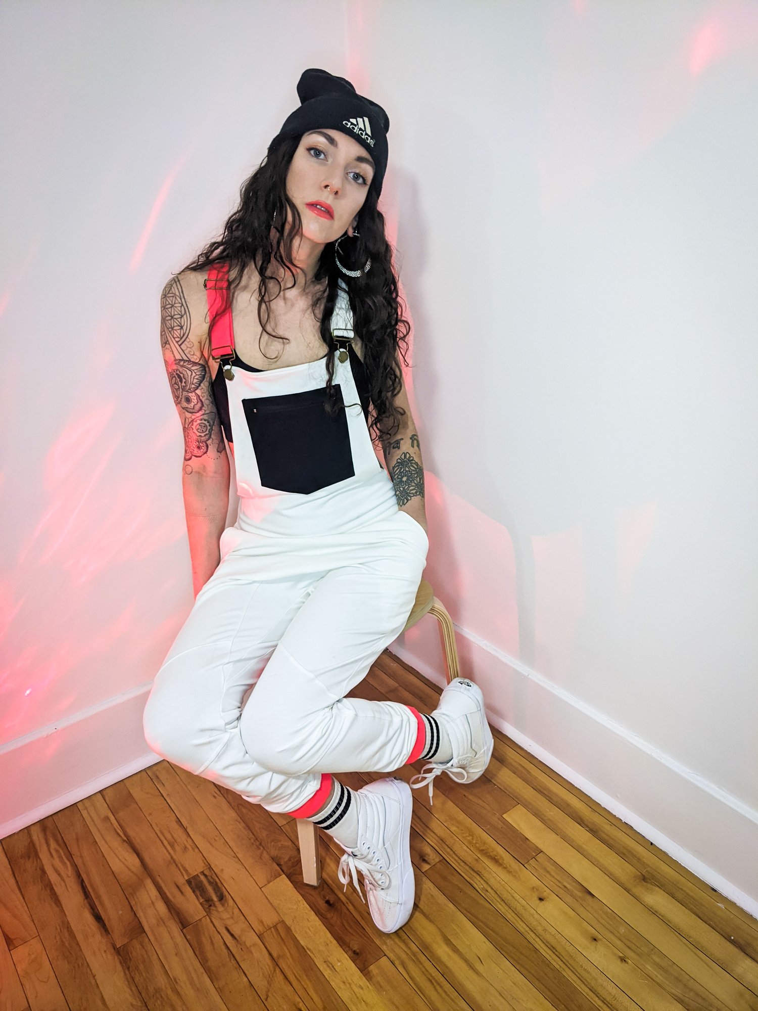 Image of One of a Kind Small Black White and Neon Red Overalls