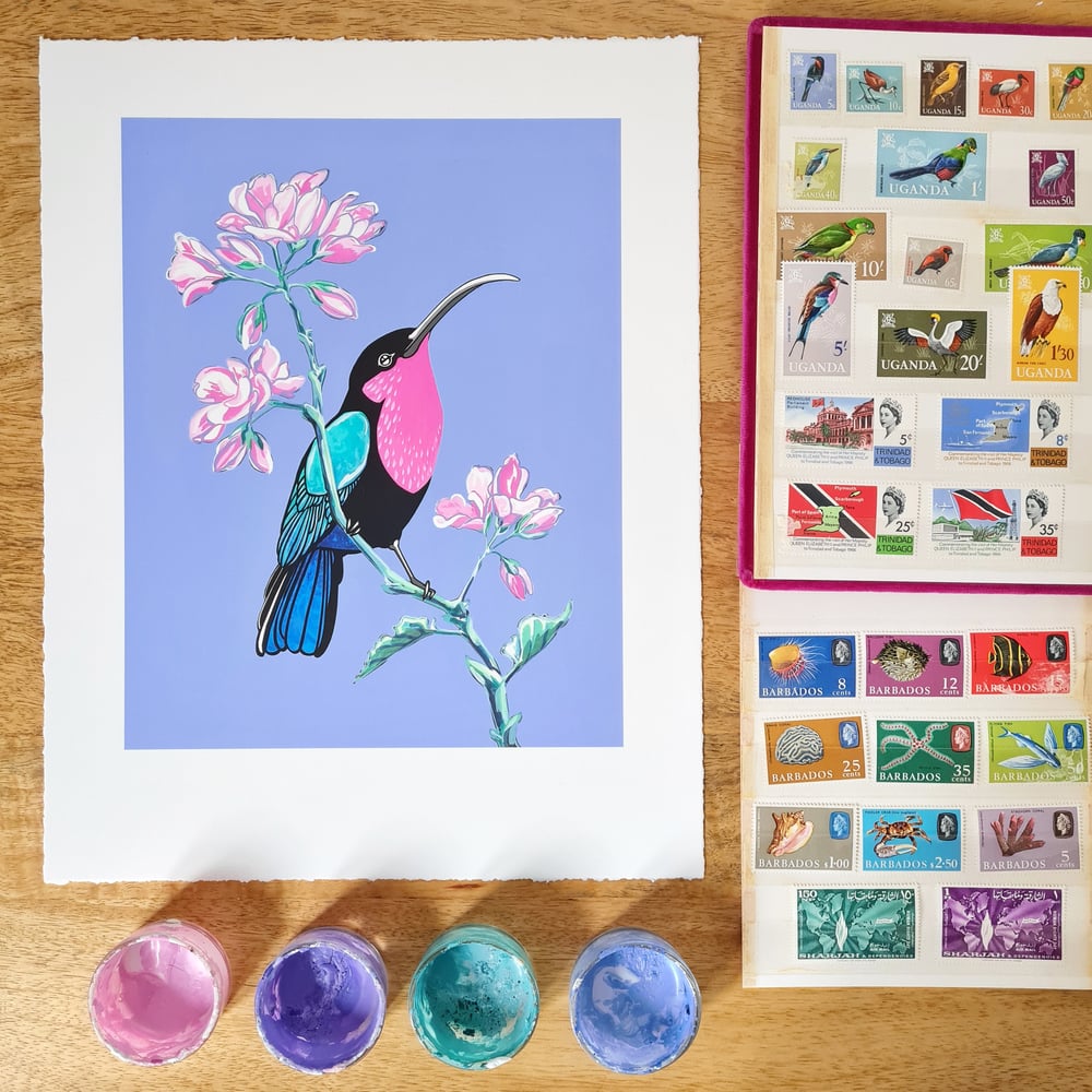 Image of Stamps: Purple Throated Carib and Geranium