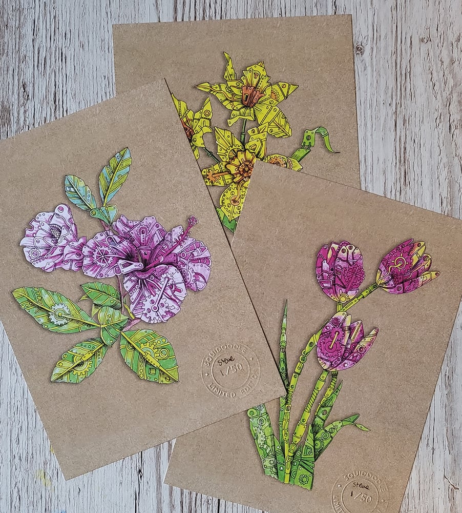 Image of Steampunk Flowers - Set of Three Colour Prints