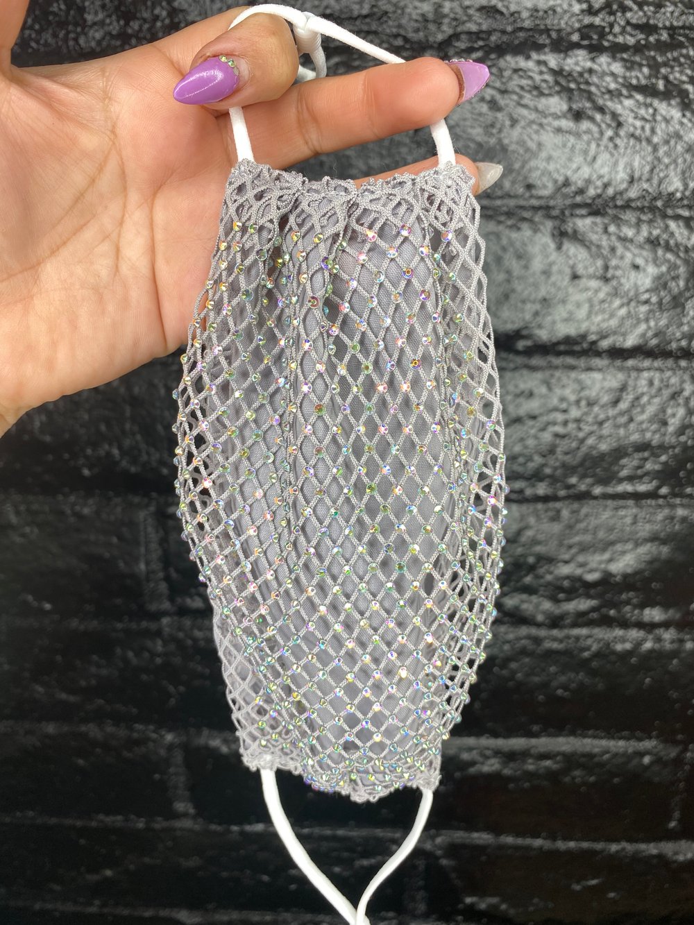 Grey sky rhinestone face mask 