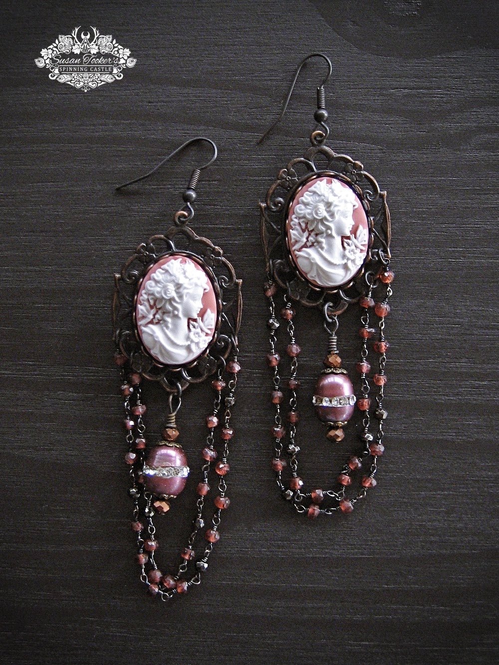 Image of BUTTERFLY MAIDEN Pink Rose Goddess Cameo Garnet Pearl Crystal Drop Earrings Victorian Vintage Style