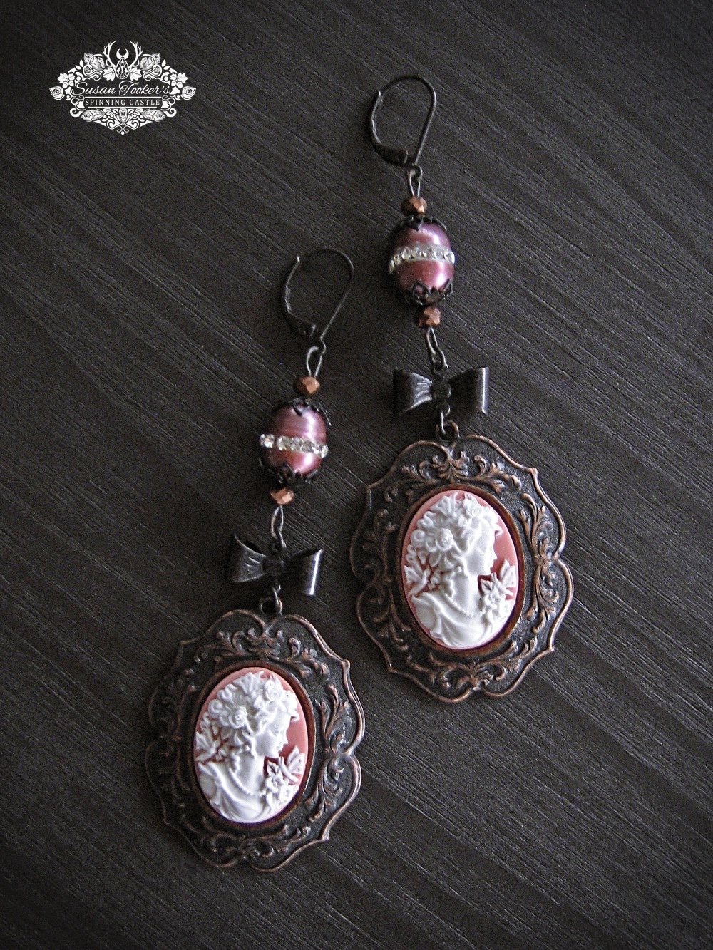 Image of BUTTERFLY GODDESS Pink Rose Cameo Rhinestone Pearl Crystal Drop Earrings Victorian Vintage Style