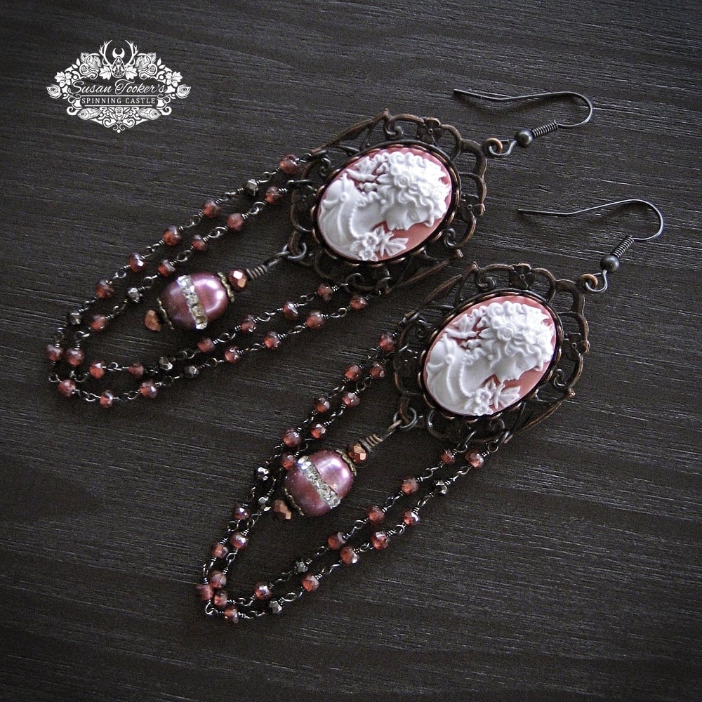 Image of BUTTERFLY MAIDEN Pink Rose Goddess Cameo Garnet Pearl Crystal Drop Earrings Victorian Vintage Style