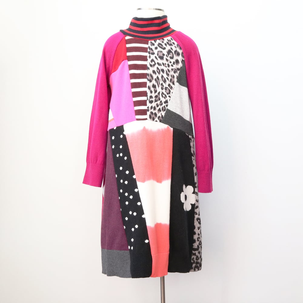 Image of pink magenta black and white patchwork 5T courtneycourtney bold mix sweater wow long sleeve dress