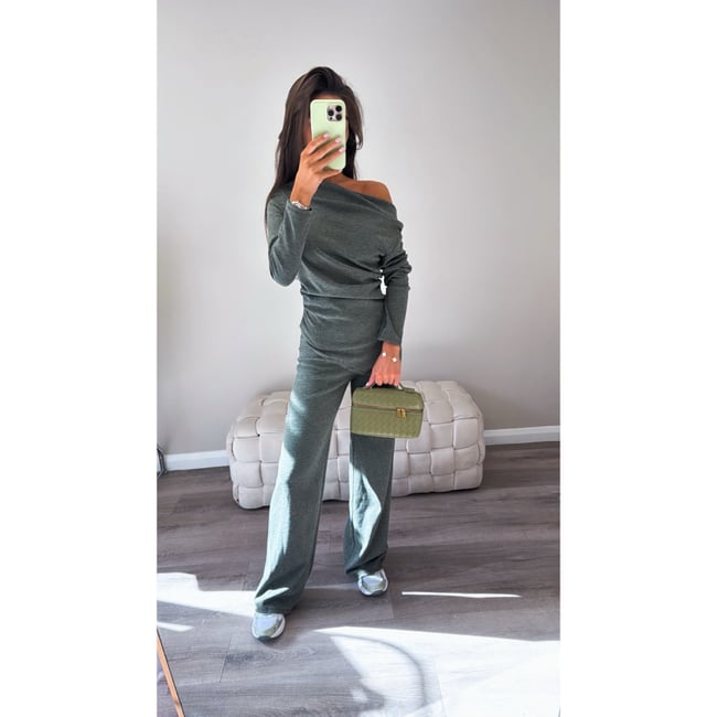 Khaki off the shoulder ruched Co Ord