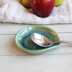 Image of Medium Spoon Rest in Shimmering Green Glaze, Handcrafted Coffee Spoon Dish, Made in USA