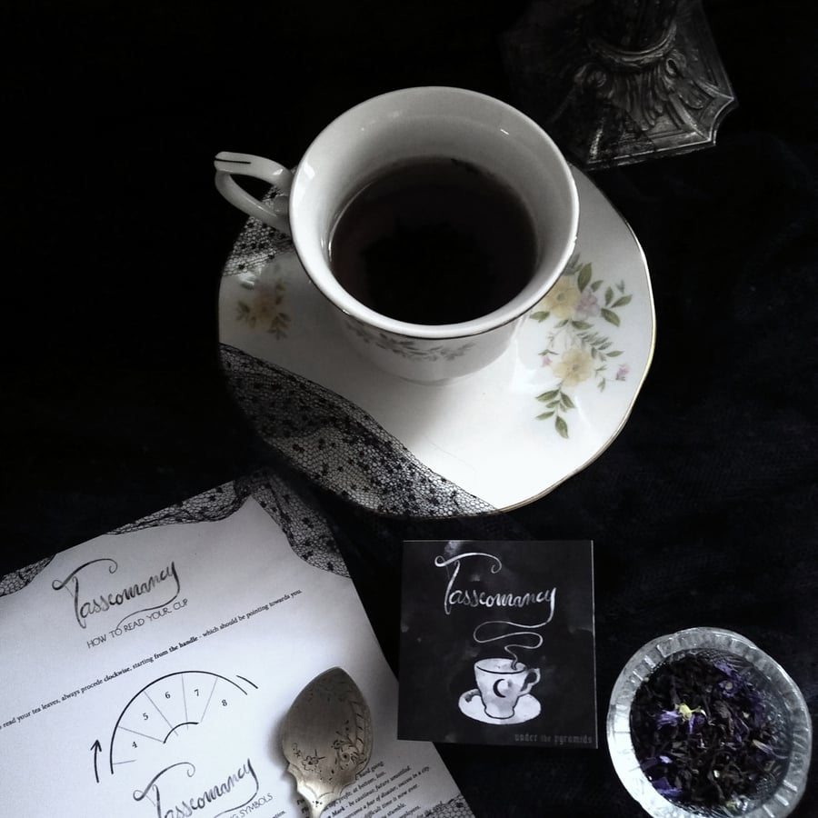 Image of TASSEOMANCY. TEA LEAVES READING KIT ↟ vintage teacup, tea, incense, booklet & card w/ symbols