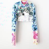 Image 2 of superfloral mix prints courtneycourtney SIZE 14/16 patchwork baseball raglan sleeve shrug sweater