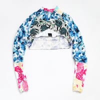 Image 1 of superfloral mix prints courtneycourtney SIZE 14/16 patchwork baseball raglan sleeve shrug sweater