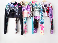 Image 3 of superfloral mix prints courtneycourtney SIZE 14/16 patchwork baseball raglan sleeve shrug sweater
