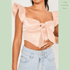 Satin Puff Sleeve Tie Front Corset Crop Top