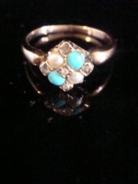 Image 1 of EDWARDIAN 18CT ROSE GOLD TURQUOISE OLD CUT DIAMOND PEARL CLUSTER RING