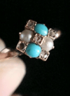 EDWARDIAN 18CT ROSE GOLD TURQUOISE OLD CUT DIAMOND PEARL CLUSTER RING