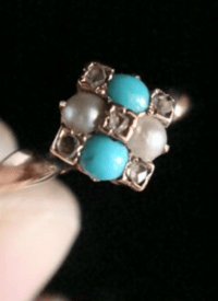 Image 3 of EDWARDIAN 18CT ROSE GOLD TURQUOISE OLD CUT DIAMOND PEARL CLUSTER RING