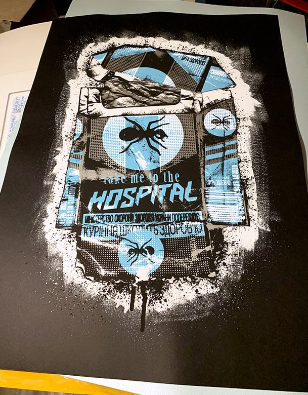 Image of TAKE ME TO THE HOSPITAL - TEST PROOFS - BLUE on BLACK