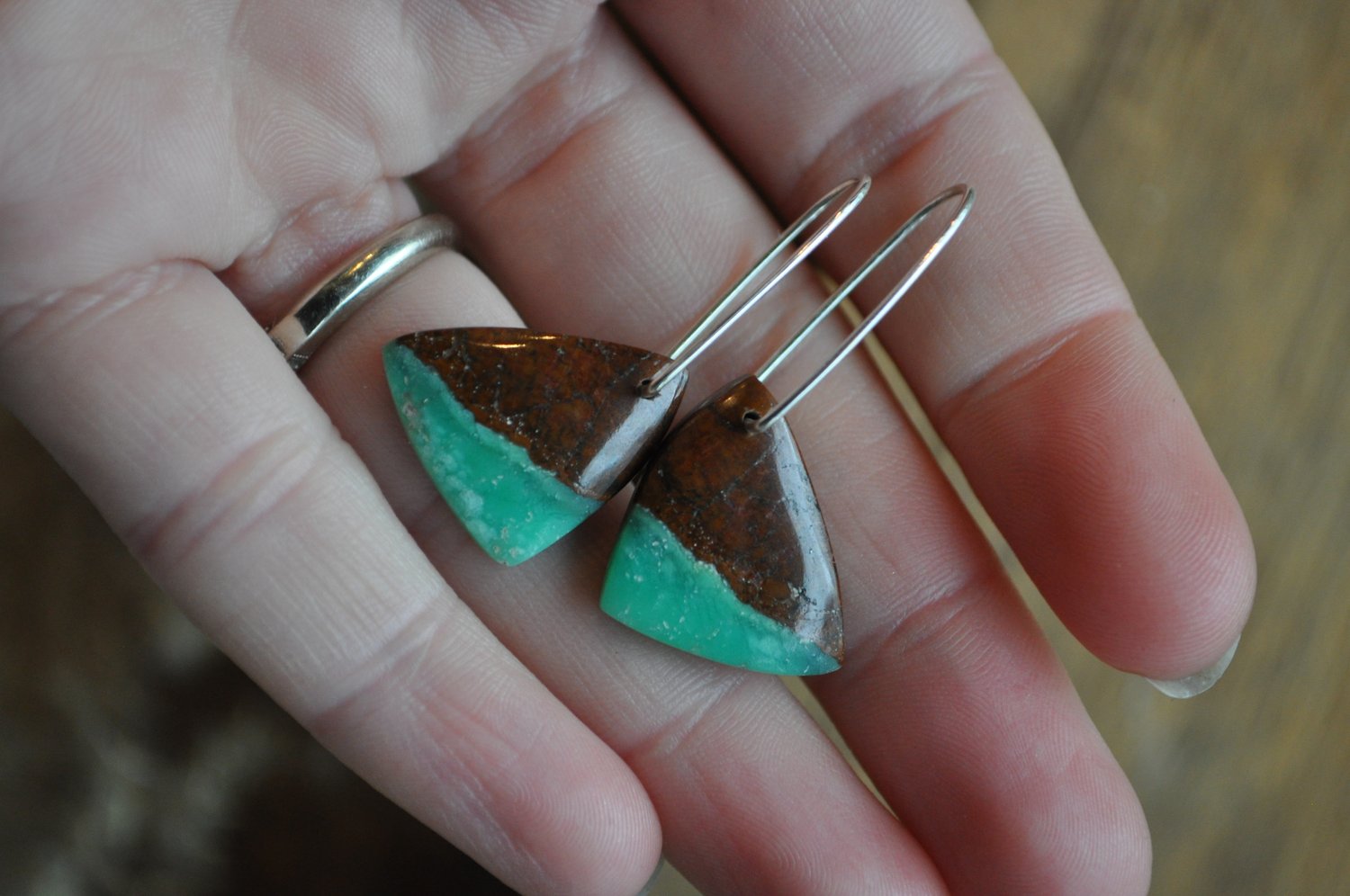Image of OOAK Chrysoprase Triangle Dangles on Sterling Silver