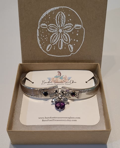 Image of Vintage Silverware Spoon Bracelet with Amethyst and Crystals - Adjustable-Gift Boxed- EB-437