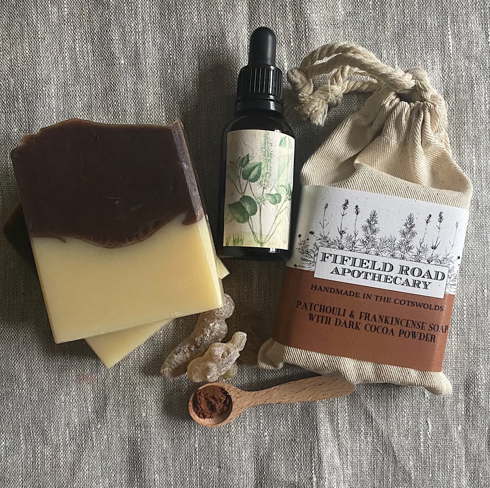Image of Patchouli and Frankincense Soap with Dark Cocoa Powder. 