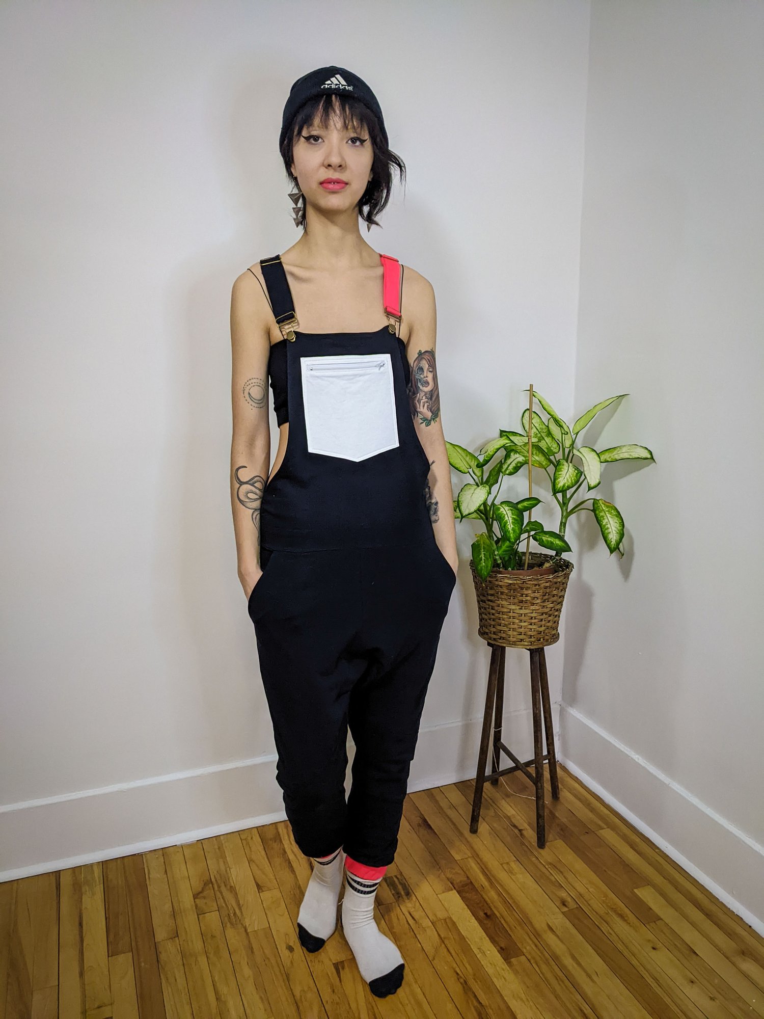 Image of One of a Kind Unisex Medium Black White and Neon Red Overalls