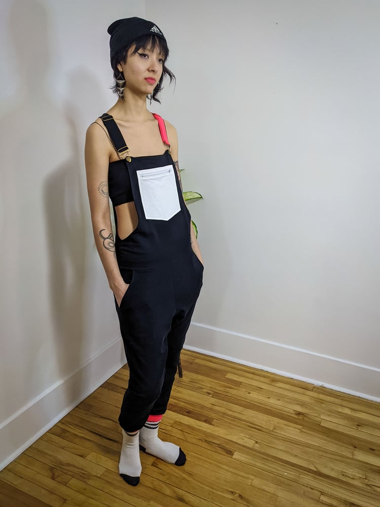 Image of One of a Kind Unisex Medium Black White and Neon Red Overalls