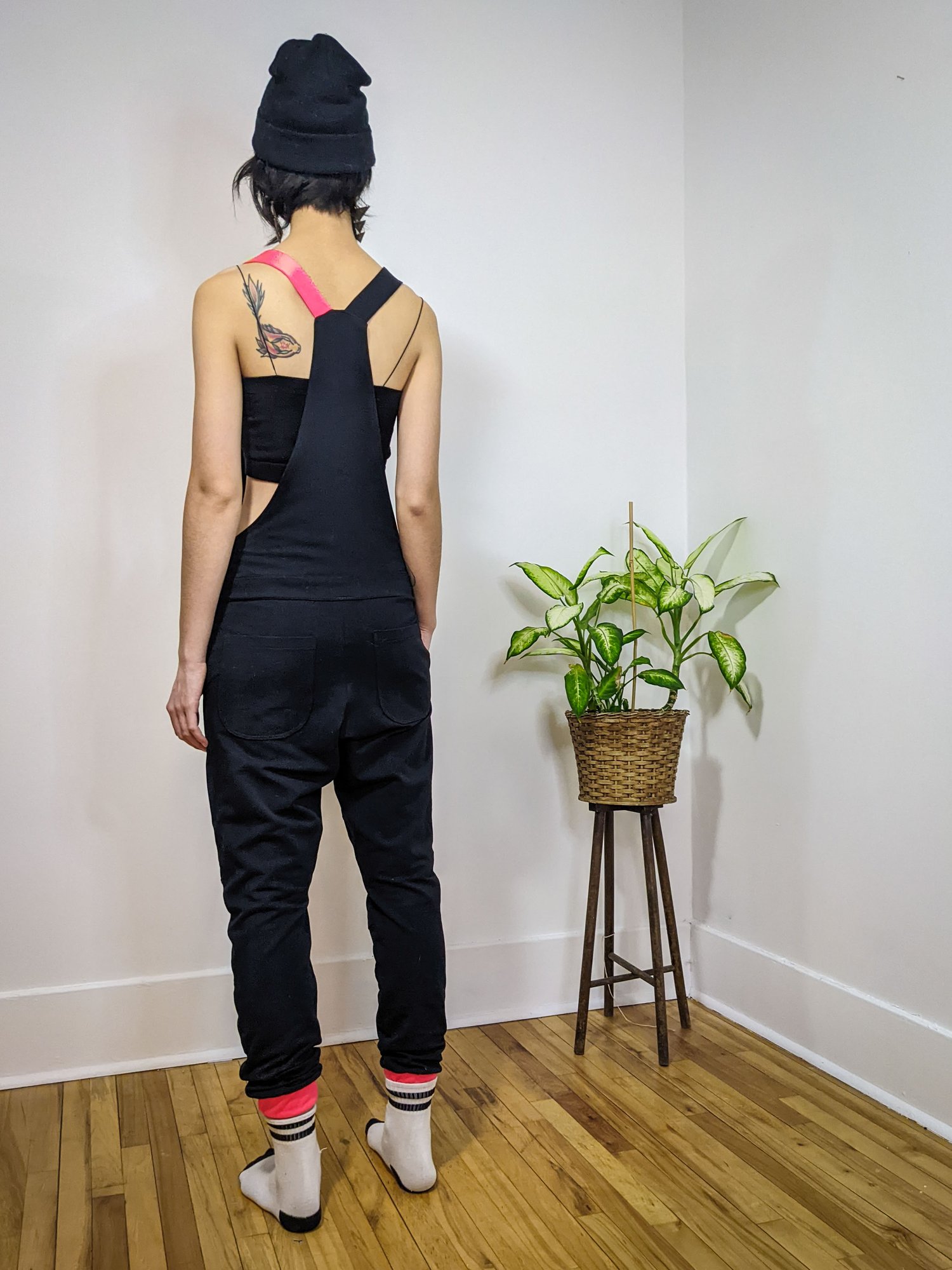 Image of One of a Kind Unisex Medium Black White and Neon Red Overalls