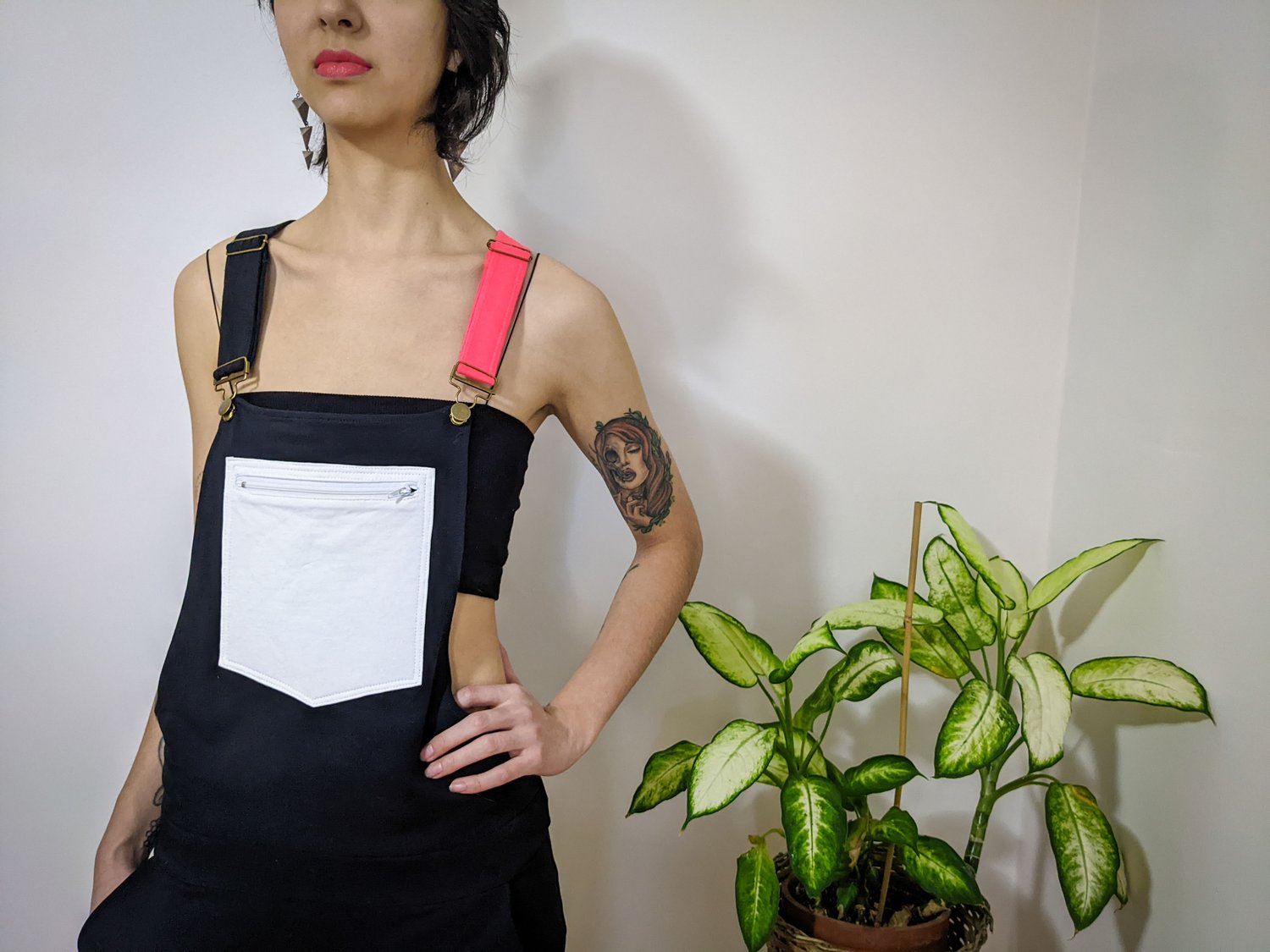 Image of One of a Kind Unisex Medium Black White and Neon Red Overalls