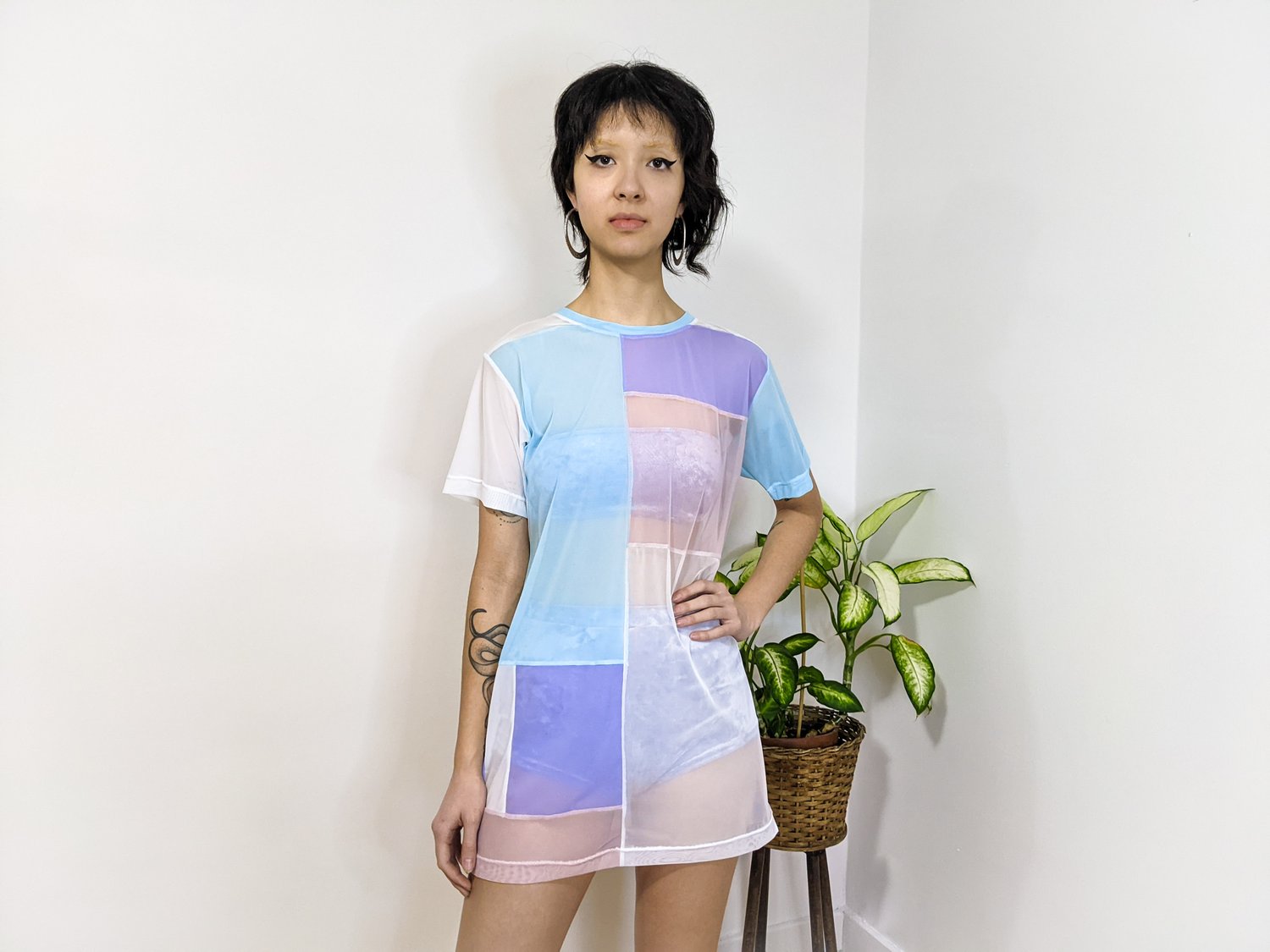 Image of Pastel Mesh Patchwork Oversized Tee