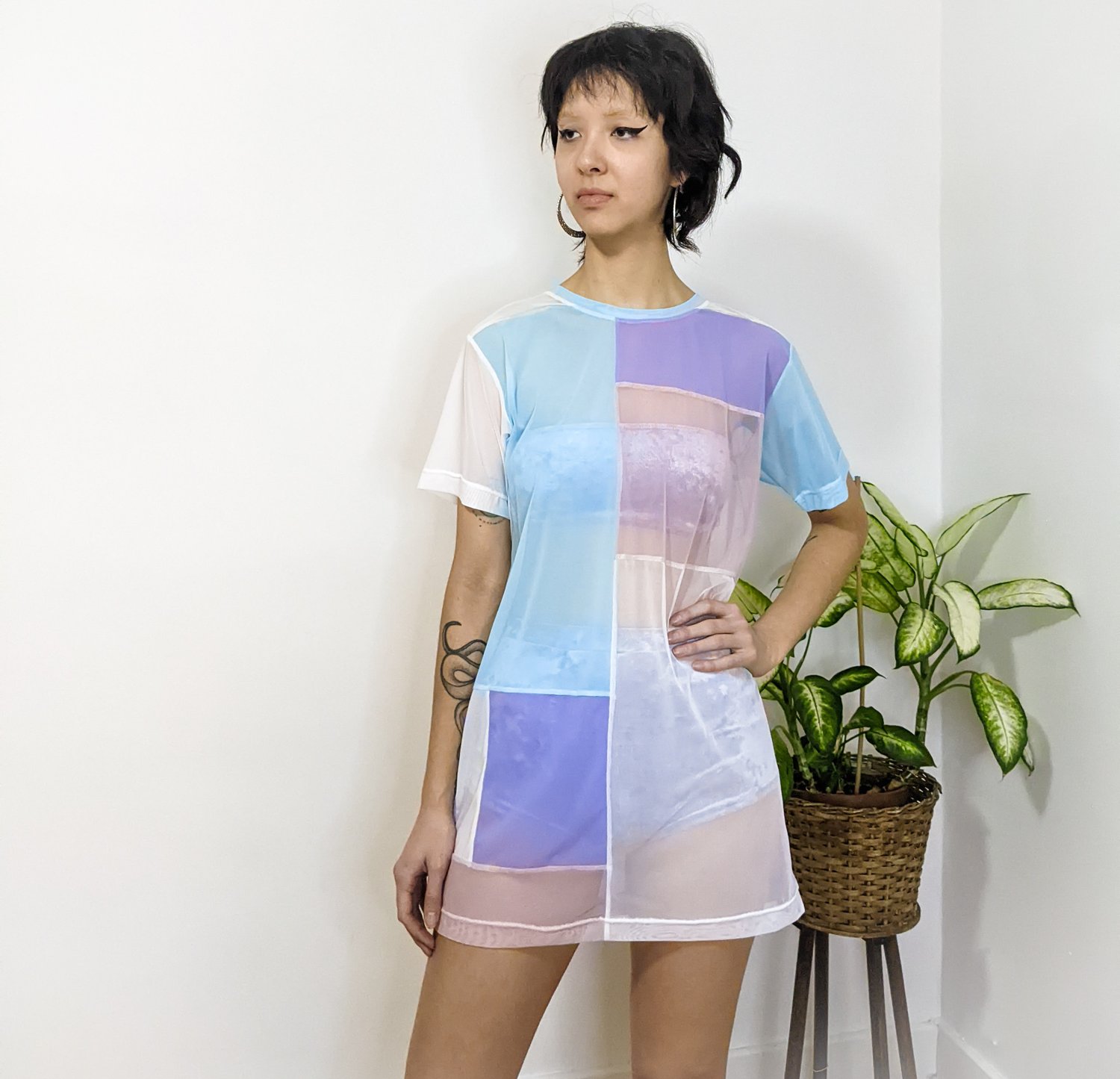 Image of Pastel Mesh Patchwork Oversized Tee