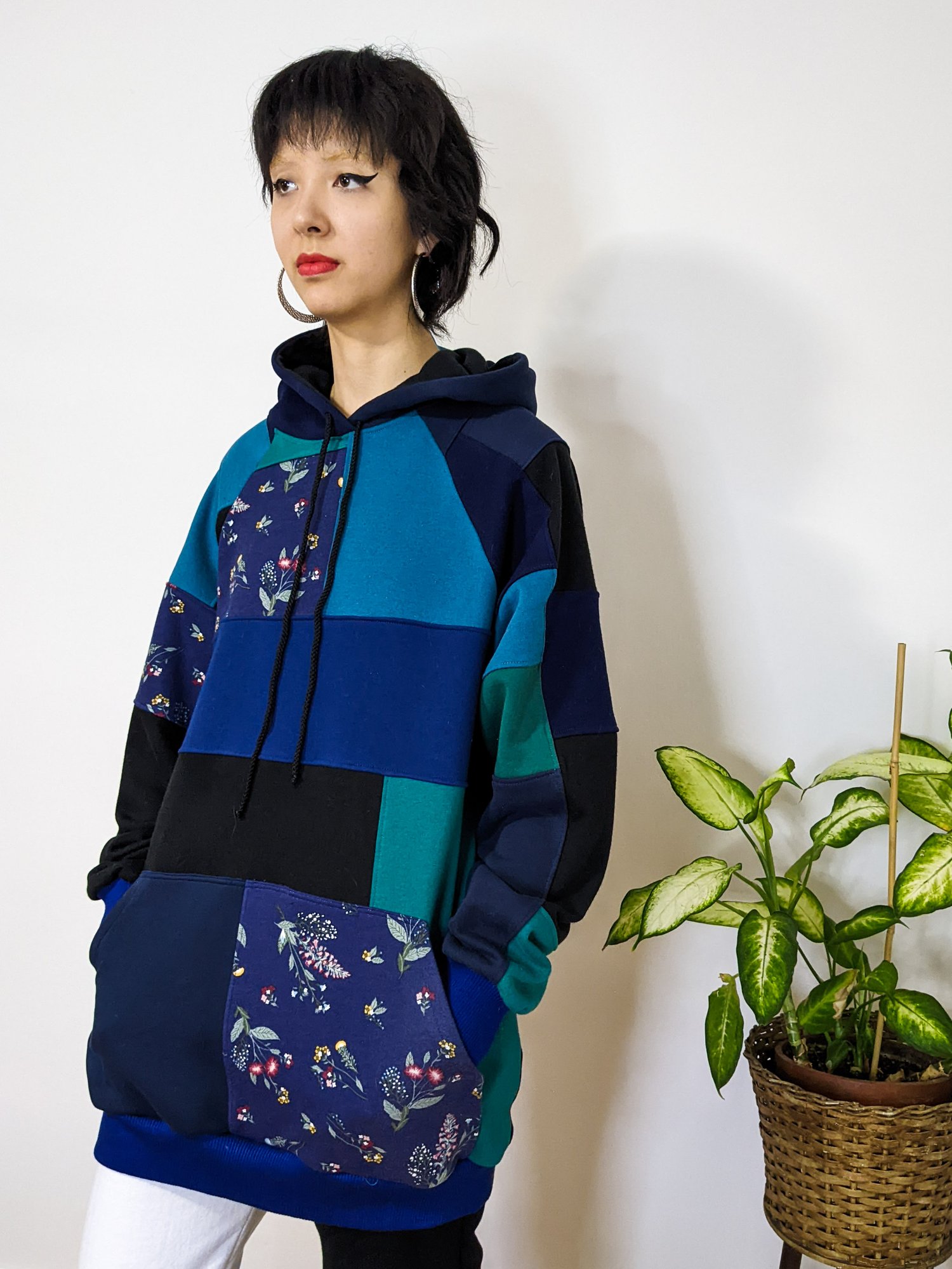 Image of OAK Blue Garden Up-cycled Fabric Scrap Sweatshirt Fleece Patchwork Hoodie