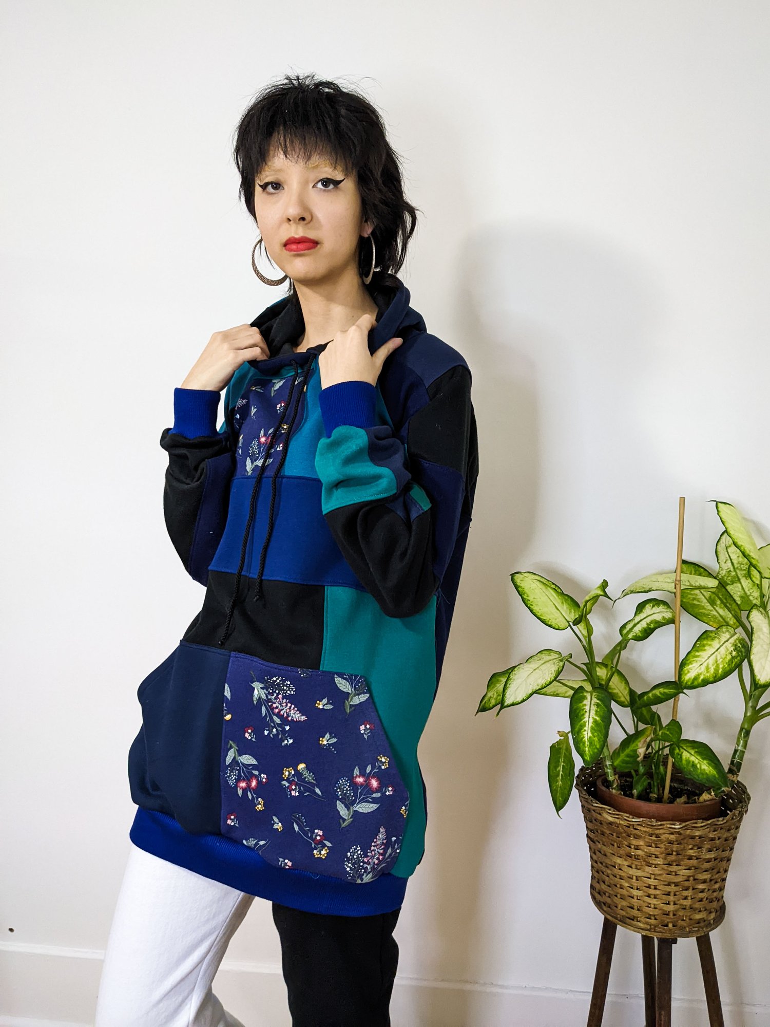 Image of OAK Blue Garden Up-cycled Fabric Scrap Sweatshirt Fleece Patchwork Hoodie