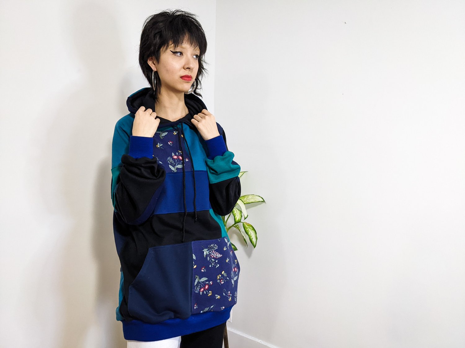 Image of OAK Blue Garden Up-cycled Fabric Scrap Sweatshirt Fleece Patchwork Hoodie