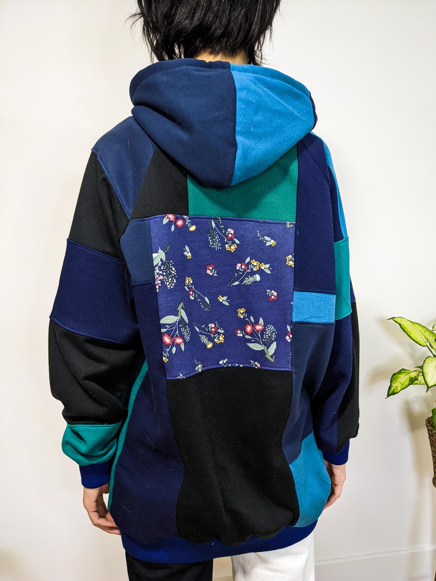 Image of OAK Blue Garden Up-cycled Fabric Scrap Sweatshirt Fleece Patchwork Hoodie