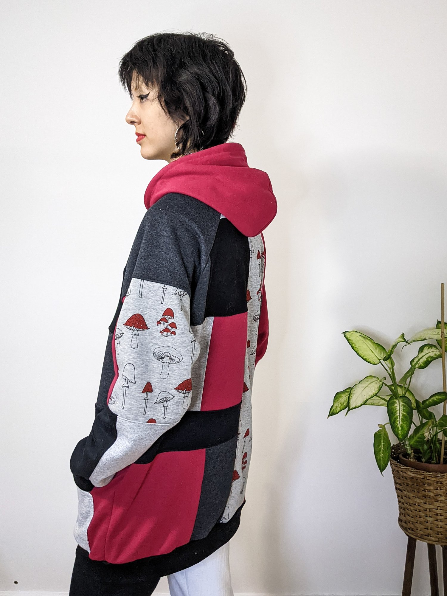 Image of OAK Red Mushroom Up-cycled Scrap Fabric Patchwork Hoodie