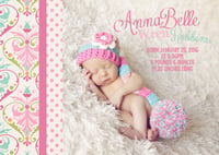 Image 1 of Pink, Polka Dot & Damask Baby Girl Birth Announcement- 5x7