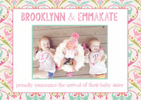 Image 2 of Pink, Polka Dot & Damask Baby Girl Birth Announcement- 5x7