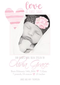Love at First Sight Baby Girl Birth Announcement- 5x7