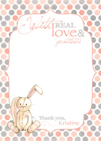 Velveteen Rabbit Inspired Baby Shower Thank You Card- peach, gray, polka dot, bab, shower, sprinkle