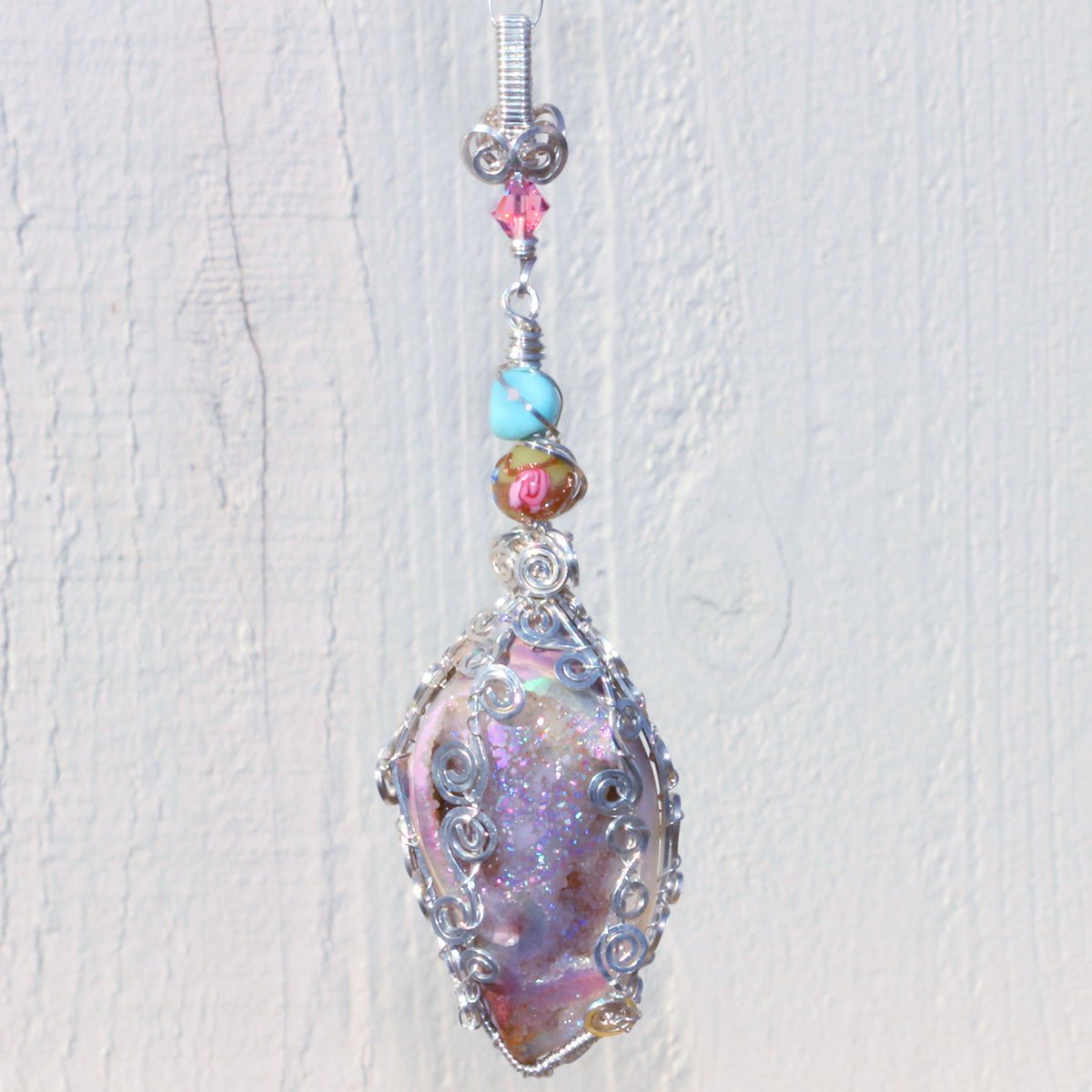 Fossilized Drusy Gem Shell Mermaid Pendant