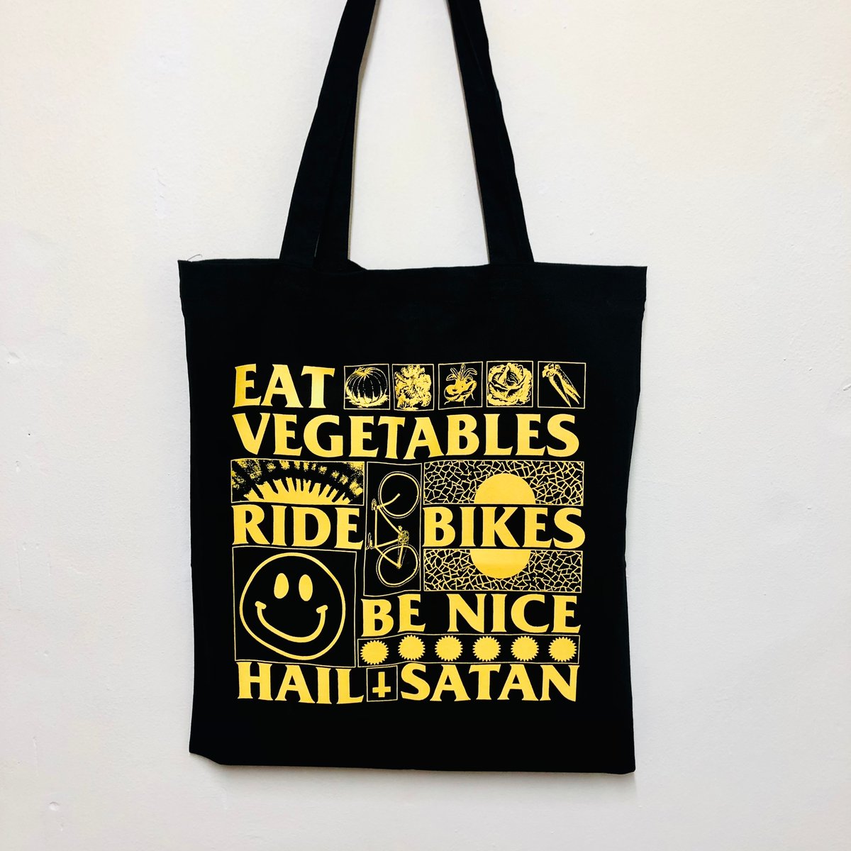 Image of Eat Veg, Ride Bikes, Be Nice, Hail Satan black tote bag
