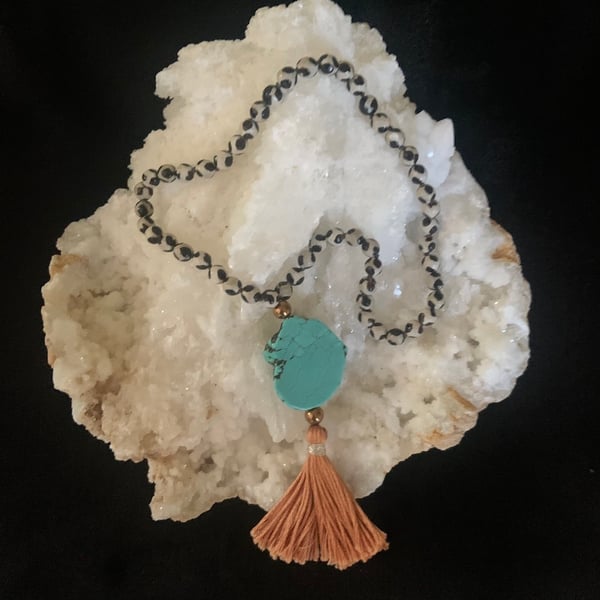 Image of TIBETAN AGATE MALA W/TURQUOISE FOCAL